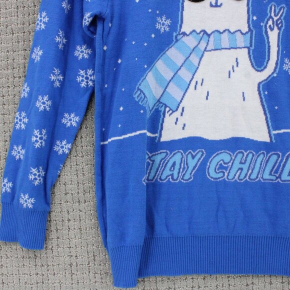 Mad Engine Christmas Sweater Womens Large L Blue Knit Stay Chill Cat Graphic Y2k - Picture 4 of 9